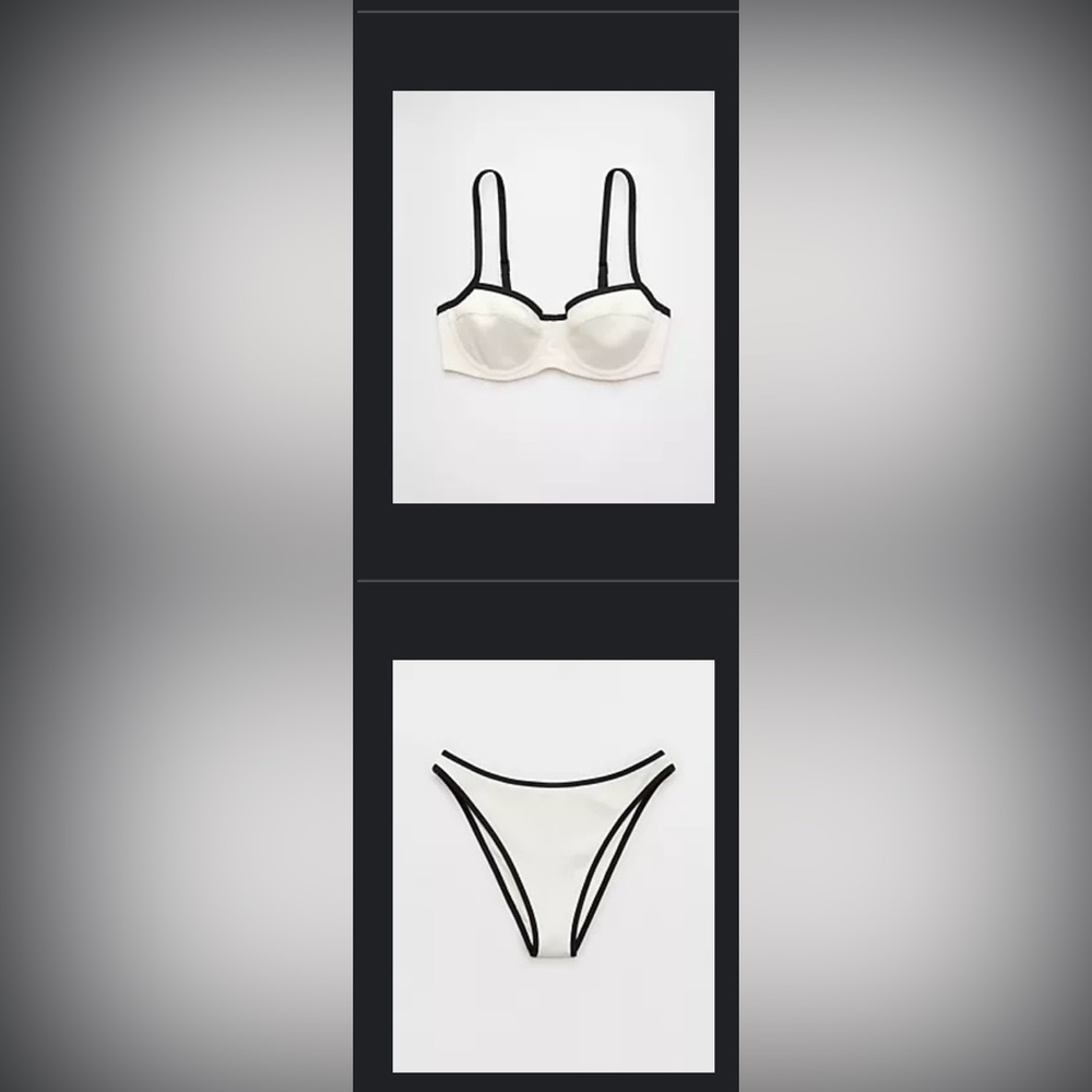 AERIE White and Black Contrast Ribbed Bikini Set